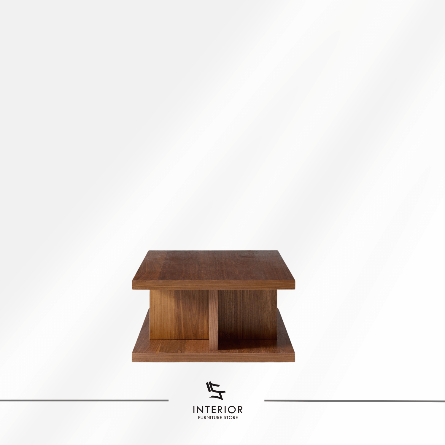 Darla modern wooden coffee table with a lower shelf and geometric supports