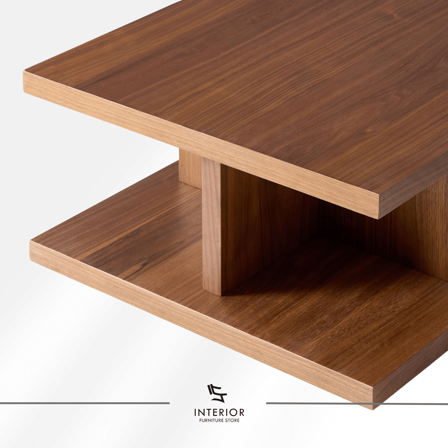 Darla modern wooden coffee table with a lower shelf and geometric supports