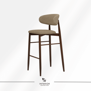 Puspa upholstered bar stool with curved backrest and dark wooden frame